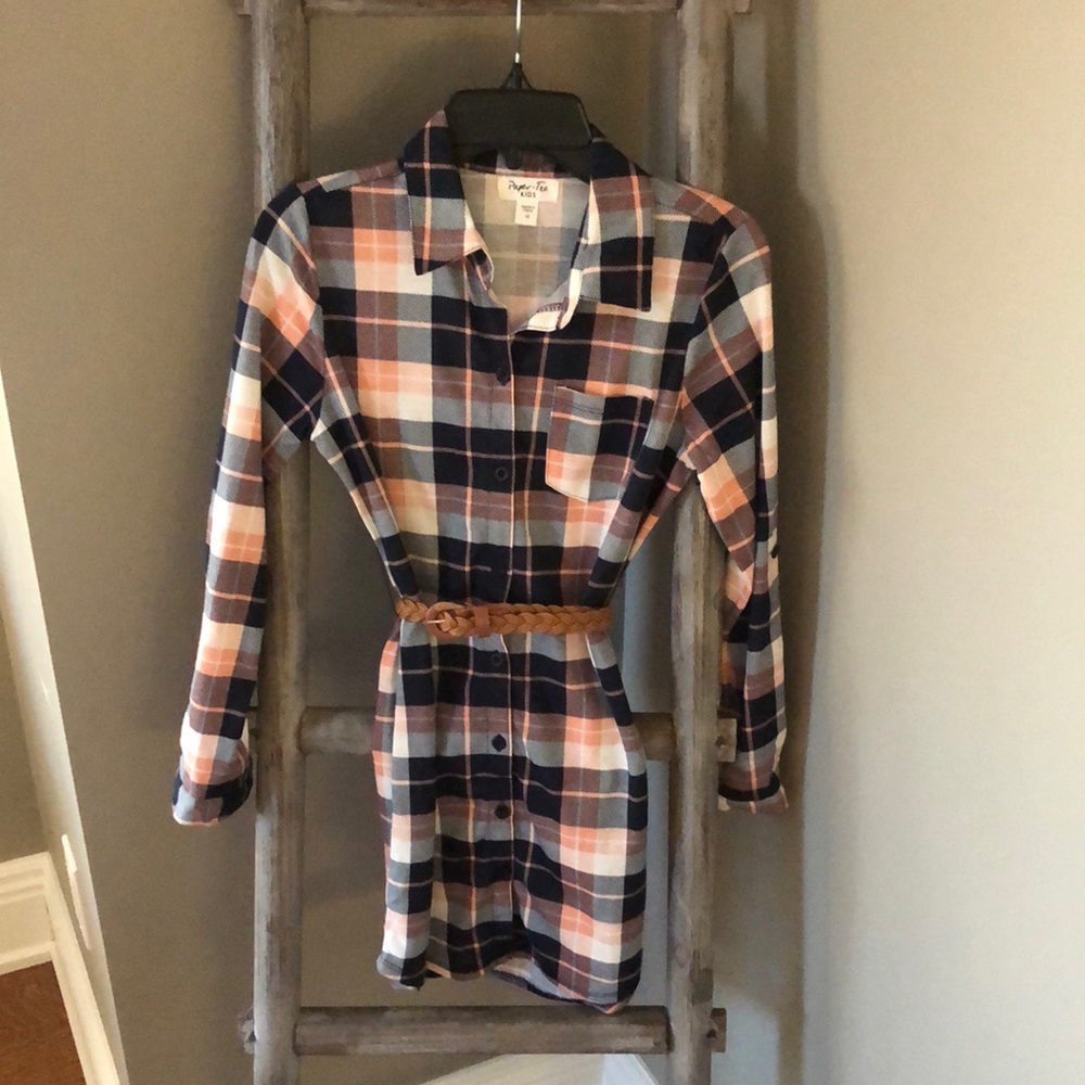 Paper Tee kids size 10, plaid shirt dress with braided belt